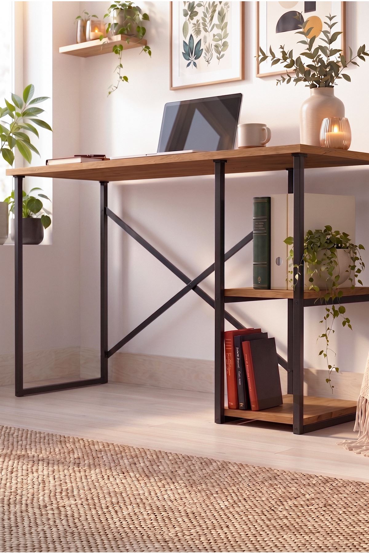 20-23-02 Ümit Study Desk with Side Shelves / Computer Desk - Pine