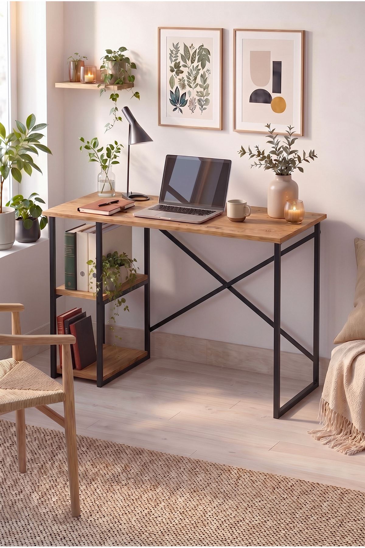 20-23-02 Ümit Study Desk with Side Shelves / Computer Desk - Pine