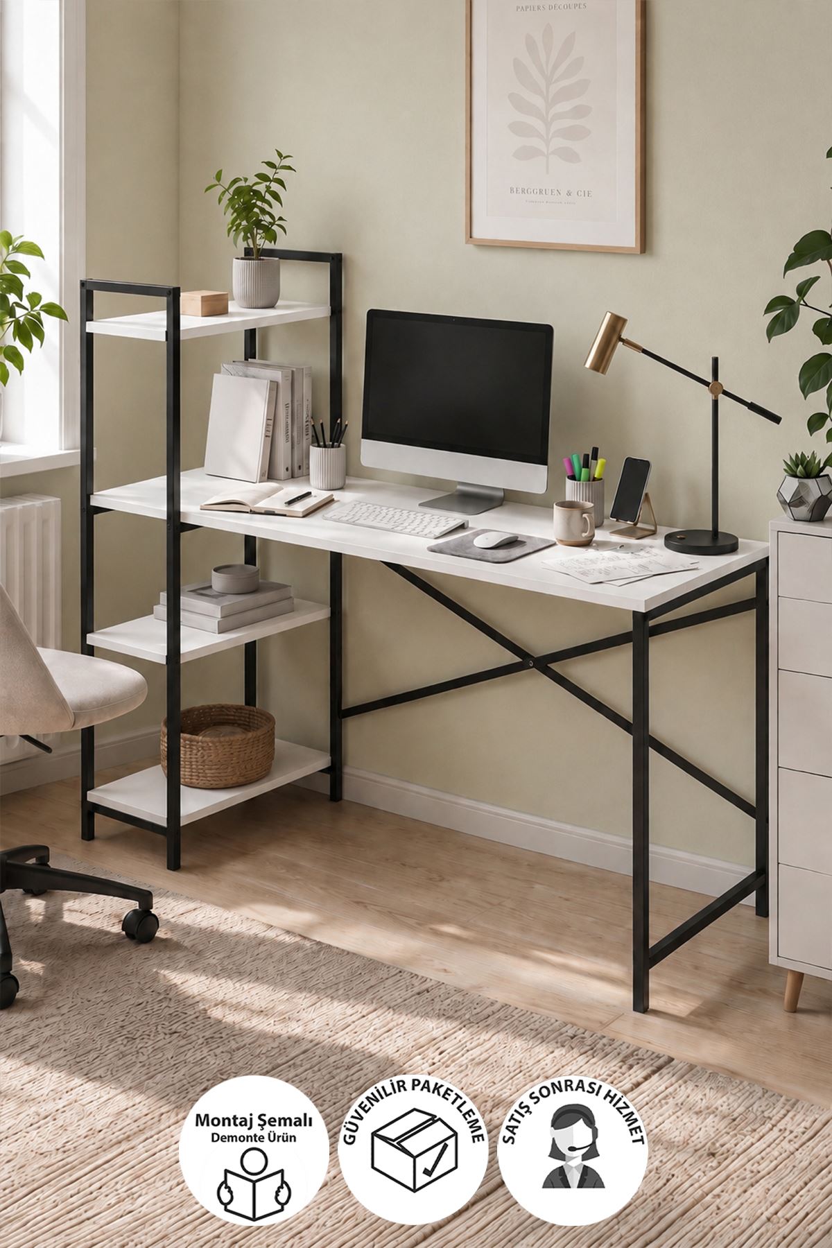 Bofigo 120X55 Cm Raflı Çalışma Masası Bilgisayar Masası Ofis Masası Ders Masası Cervantes Beyaz