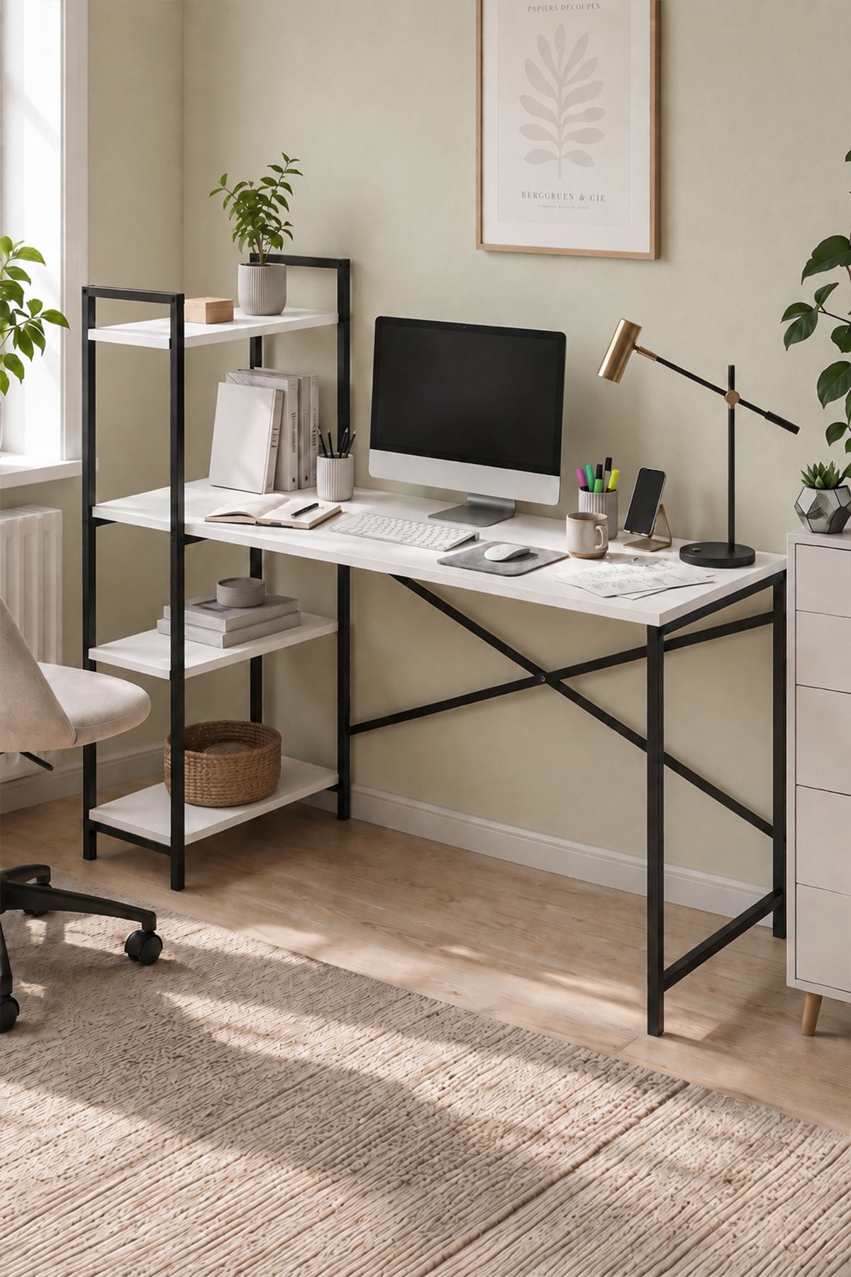 Bofigo 120X55 Cm Raflı Çalışma Masası Bilgisayar Masası Ofis Masası Ders Masası Cervantes Beyaz
