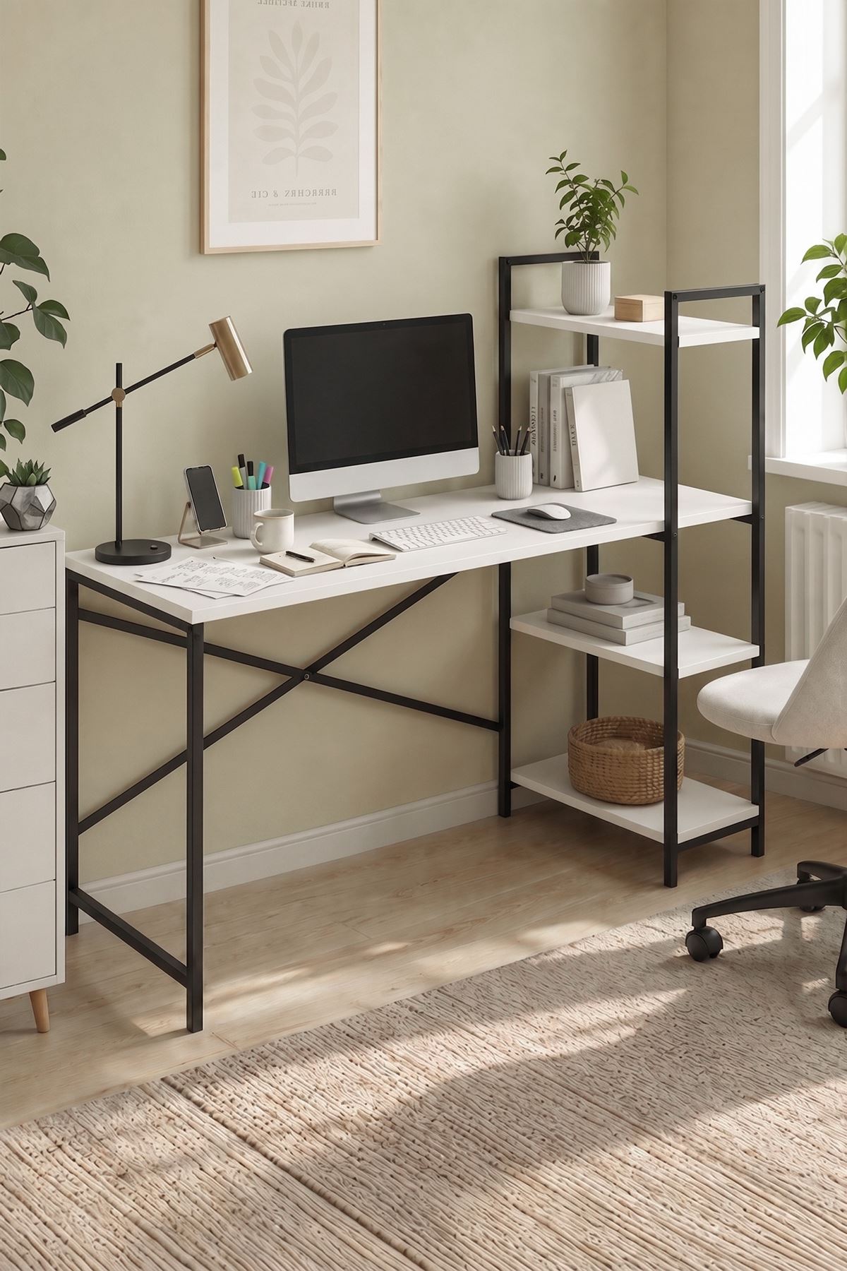 Bofigo 120X55 Cm Raflı Çalışma Masası Bilgisayar Masası Ofis Masası Ders Masası Cervantes Beyaz