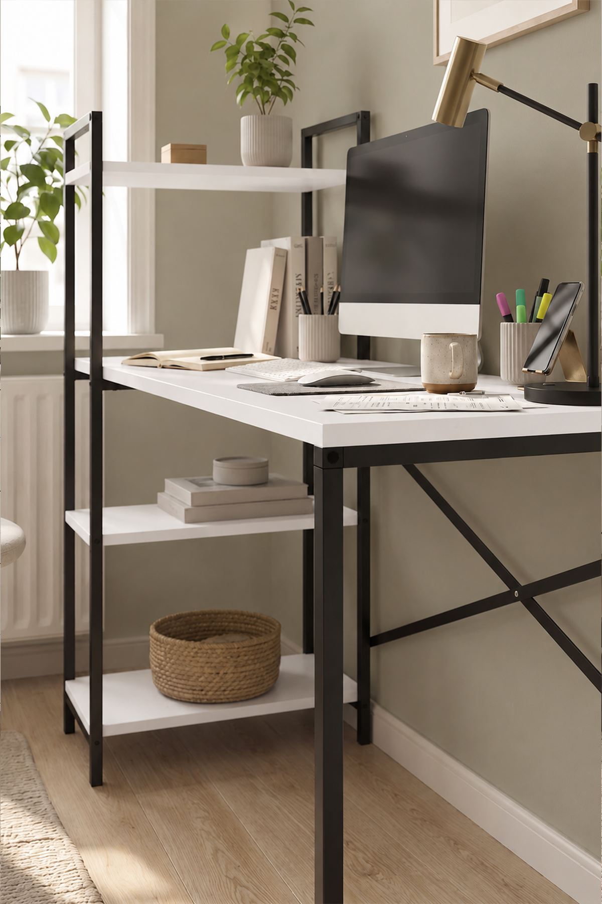 Bofigo 120X55 Cm Raflı Çalışma Masası Bilgisayar Masası Ofis Masası Ders Masası Cervantes Beyaz