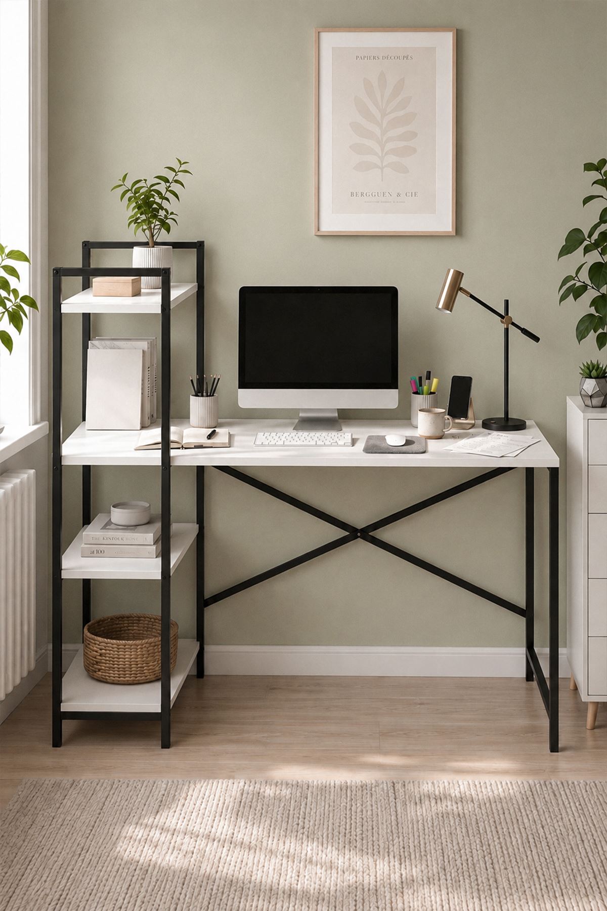 Bofigo 120X55 Cm Raflı Çalışma Masası Bilgisayar Masası Ofis Masası Ders Masası Cervantes Beyaz