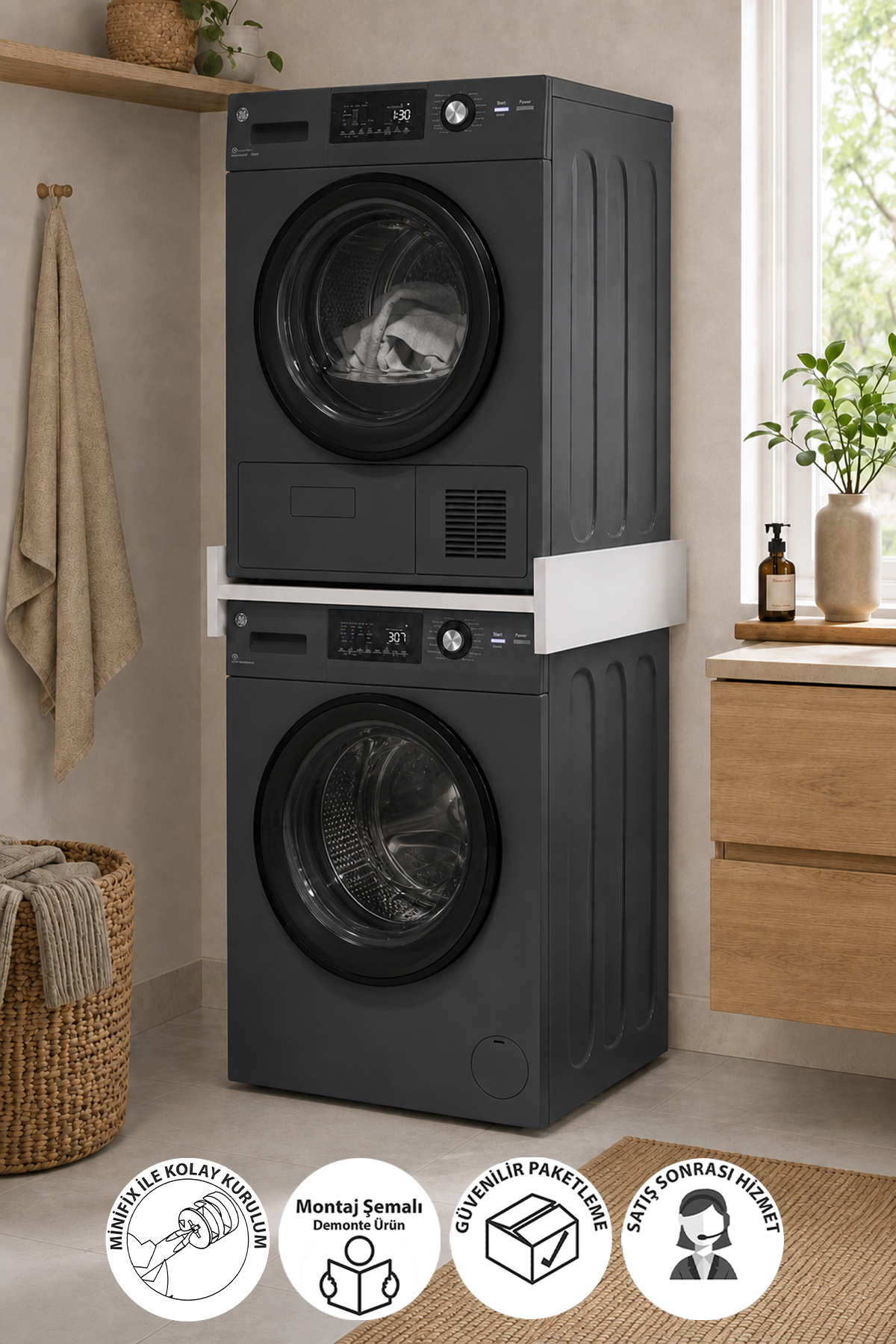 Banyo Dolabı Çamaşır Makinesi Kurutma Makinesi Üst Üste Konumlandırma Rafı Duo Entegre Raf Beyaz
