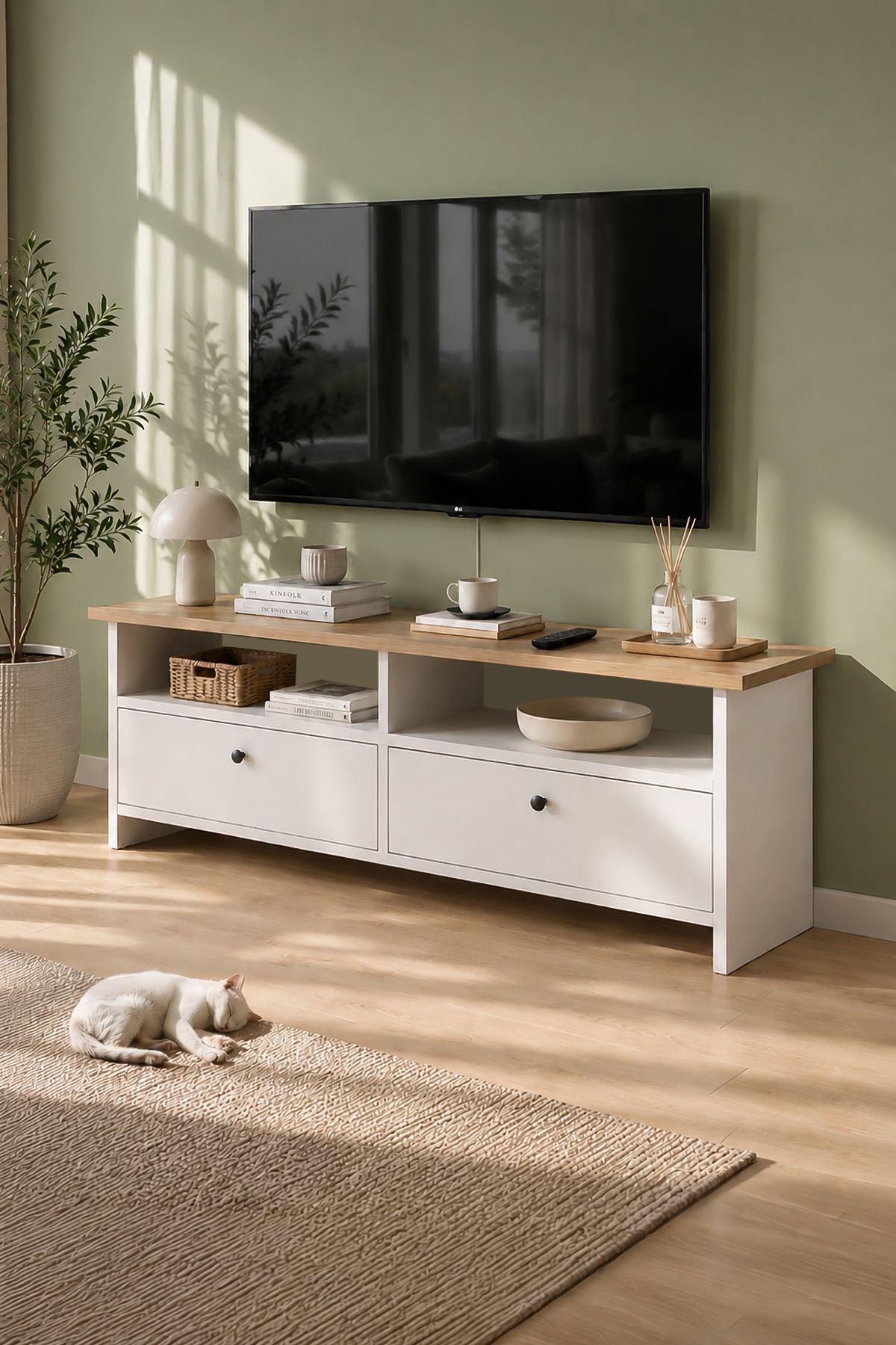 Bofigo Tv Sehpası 2 Kapaklı Tv Ünitesi Televizyon Sehpası 120 x 30 Cm Santorini Safir Meşe Beyaz