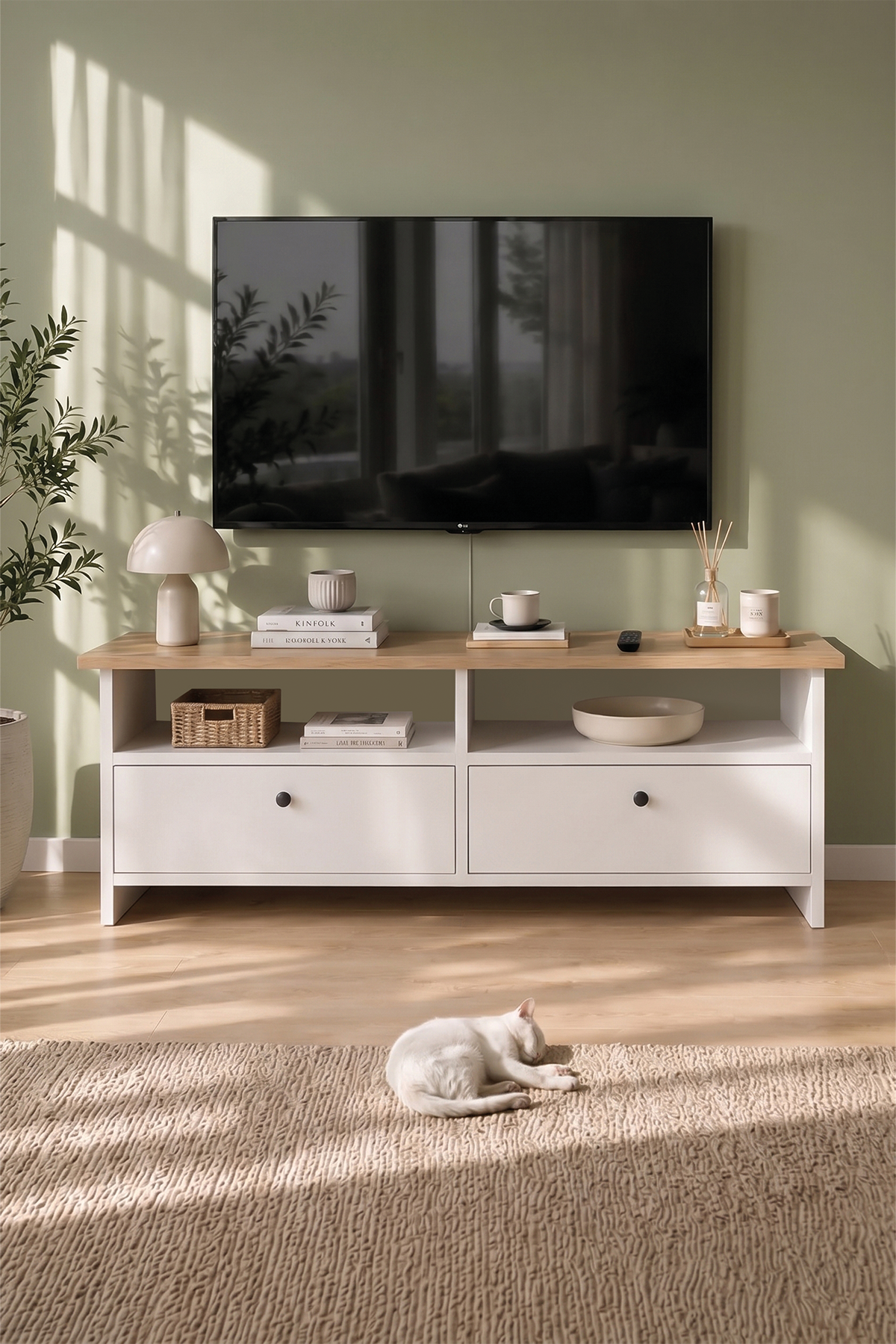 Bofigo Tv Sehpası 2 Kapaklı Tv Ünitesi Televizyon Sehpası 120 x 30 Cm Santorini Safir Meşe Beyaz