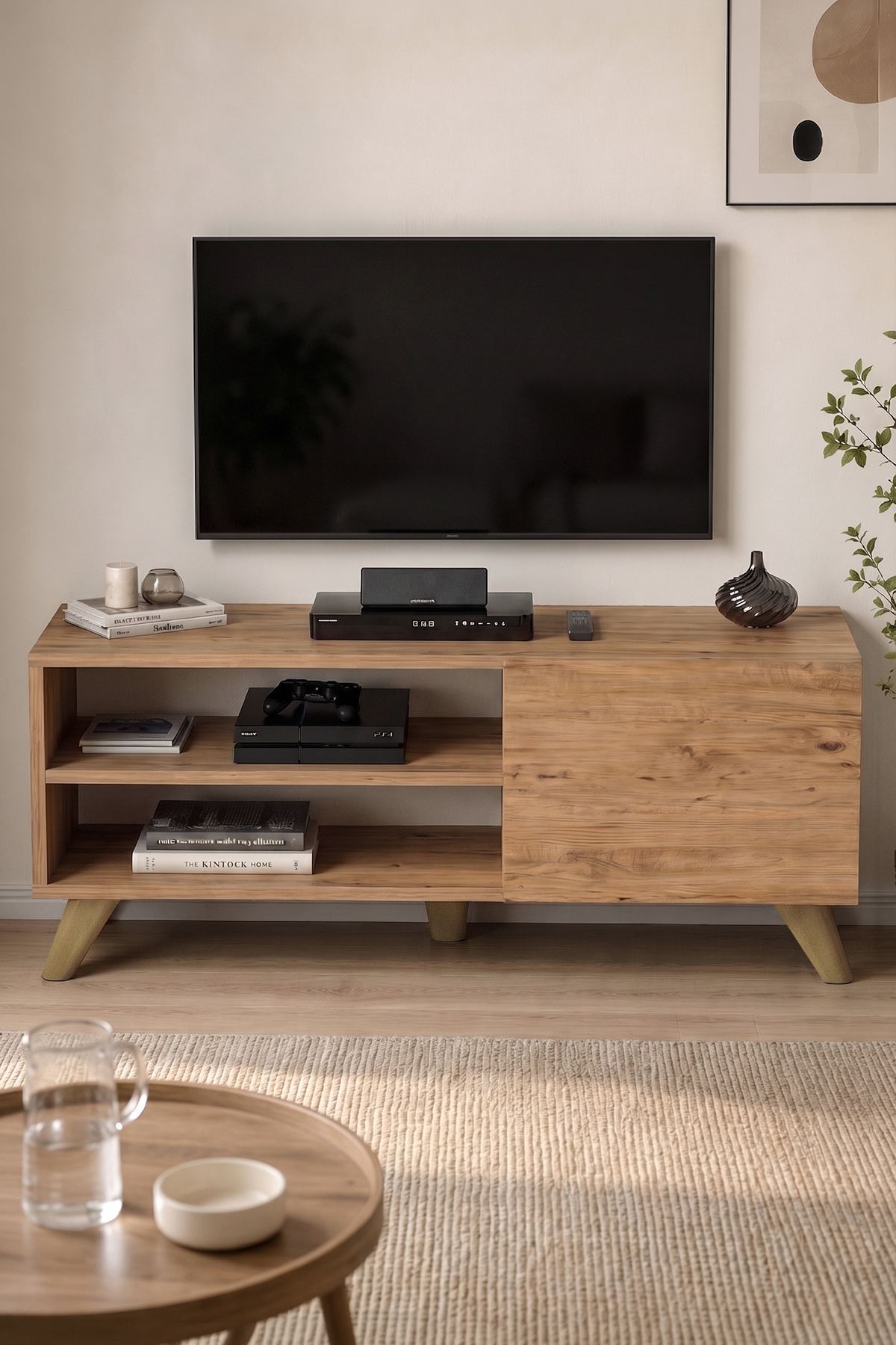 TV Sehpası Kapaklı Tv Sehpası Raflı TV Ünitesi Televizyon Sehpası 100 x 35 Cm Malta Çam