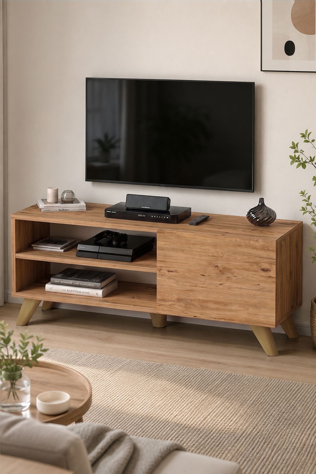 TV Sehpası Kapaklı Tv Sehpası Raflı TV Ünitesi Televizyon Sehpası 100 x 35 Cm Malta Çam