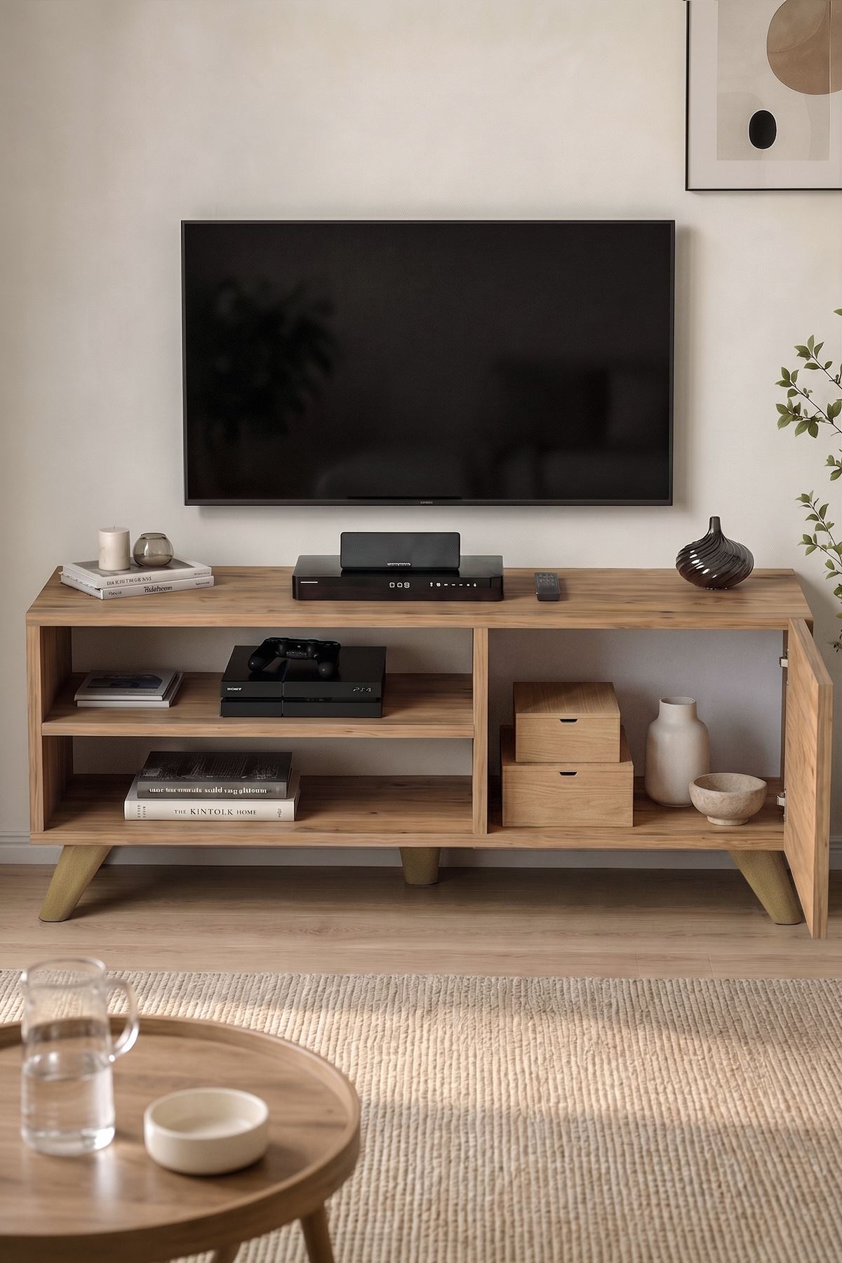 TV Sehpası Kapaklı Tv Sehpası Raflı TV Ünitesi Televizyon Sehpası 100 x 35 Cm Malta Çam