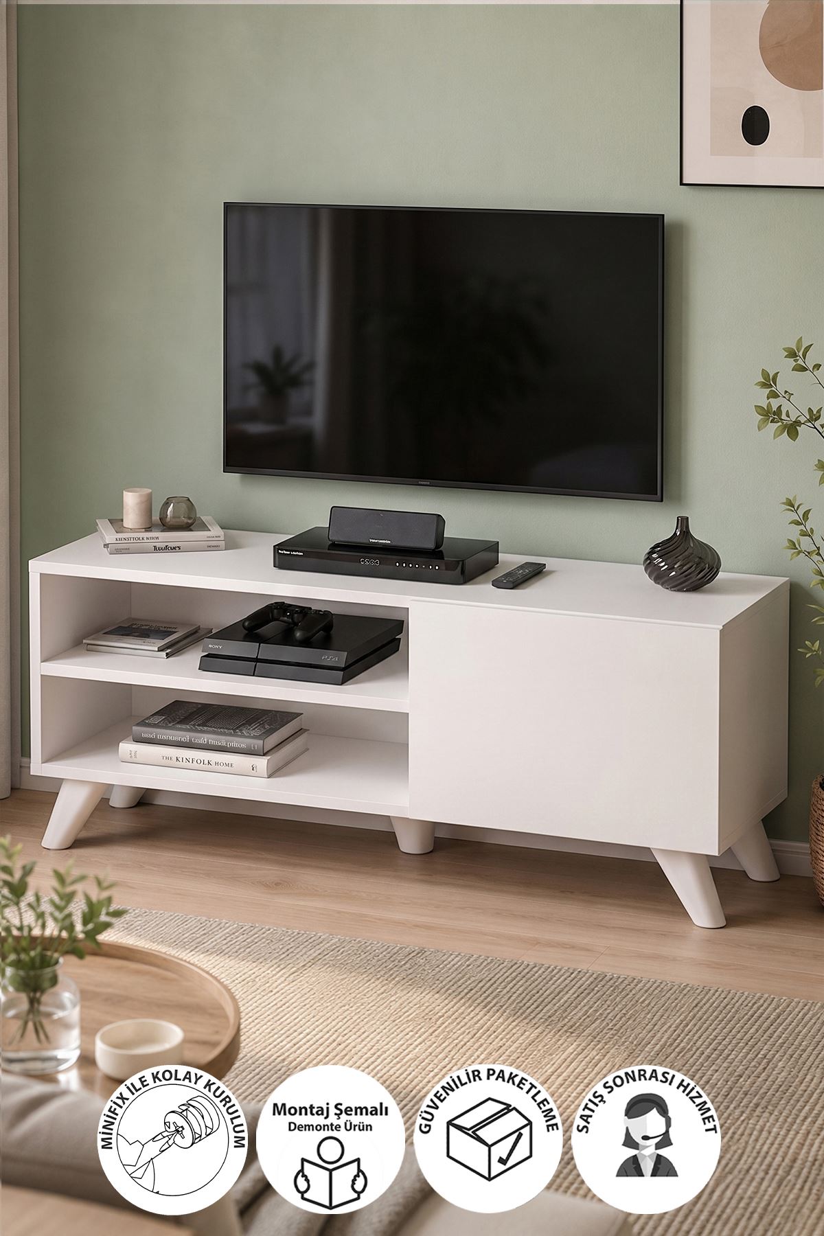 TV Sehpası Kapaklı Tv Sehpası Raflı TV Ünitesi Televizyon Sehpası 100 x 35 Cm Malta Beyaz