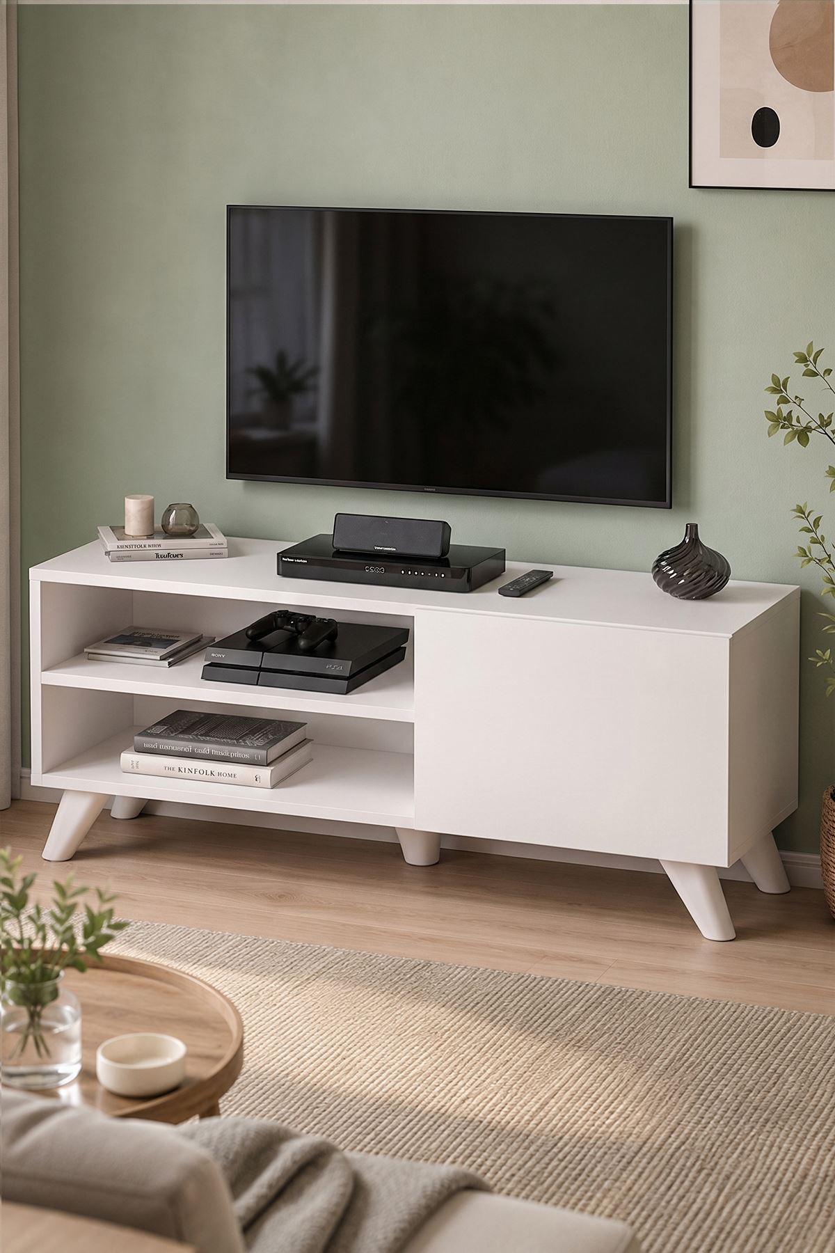 TV Sehpası Kapaklı Tv Sehpası Raflı TV Ünitesi Televizyon Sehpası 100 x 35 Cm Malta Beyaz