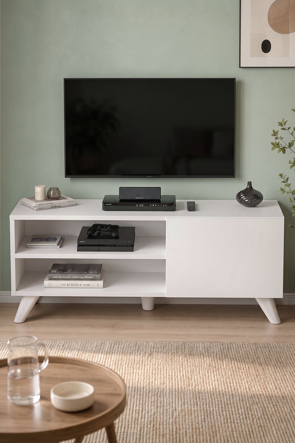 TV Sehpası Kapaklı Tv Sehpası Raflı TV Ünitesi Televizyon Sehpası 100 x 35 Cm Malta Beyaz