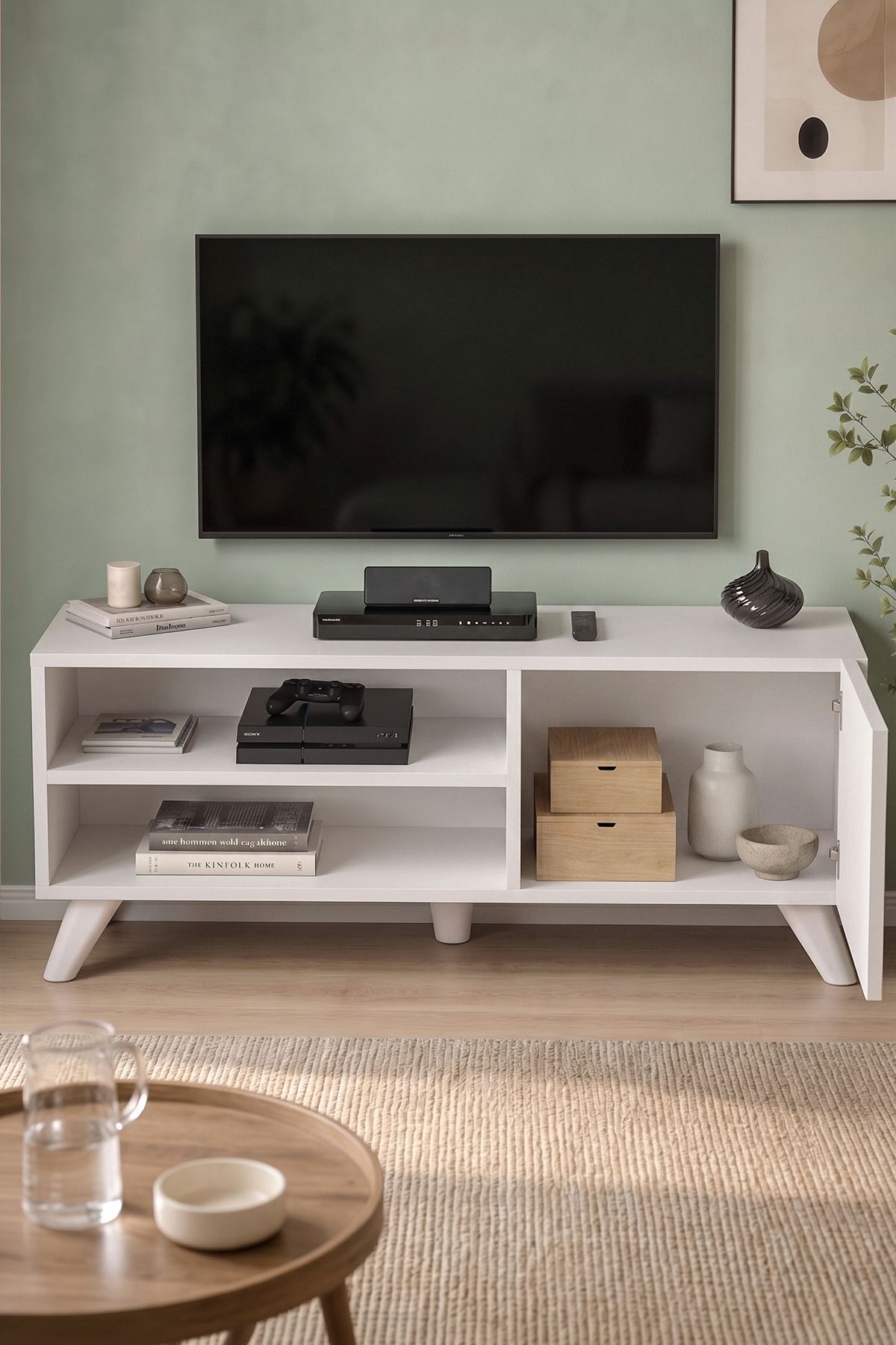 TV Sehpası Kapaklı Tv Sehpası Raflı TV Ünitesi Televizyon Sehpası 100 x 35 Cm Malta Beyaz