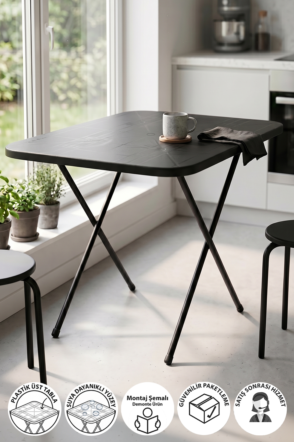 Bofigo Mutfak Masası Katlanır Masa Yemek Masası Balkon Masası GardenFlex Masa 60x80 Cm Siyah