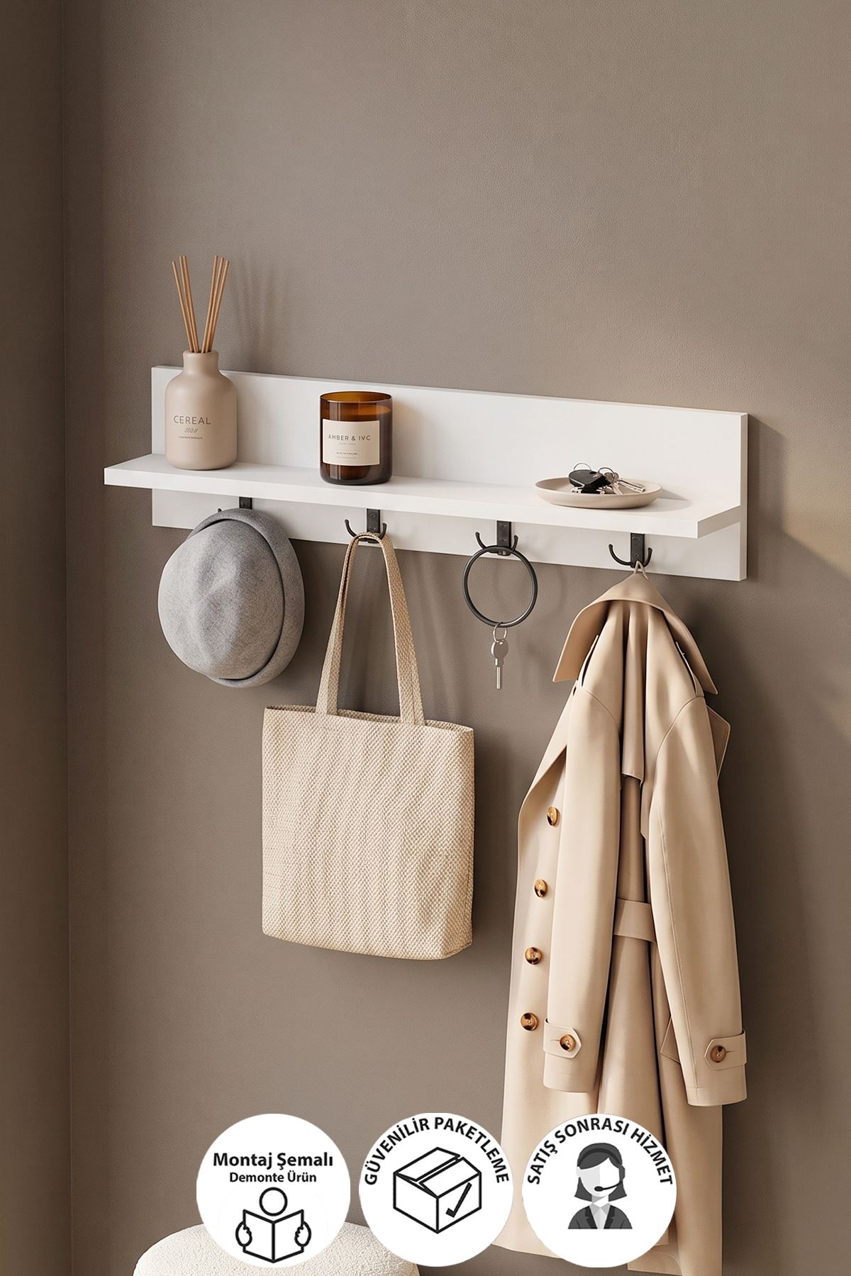 Bofigo Portmanto Duvar Askılığı Elbise Askılığı Raflı Duvar Askılığı Sirius Beyaz 72 Cm