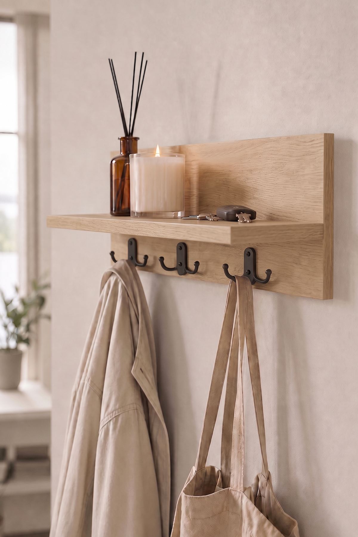 Bofigo Portmanto Duvar Askılığı Elbise Askılığı Raflı Duvar Askılığı Polaris Safir Meşe  60 Cm  