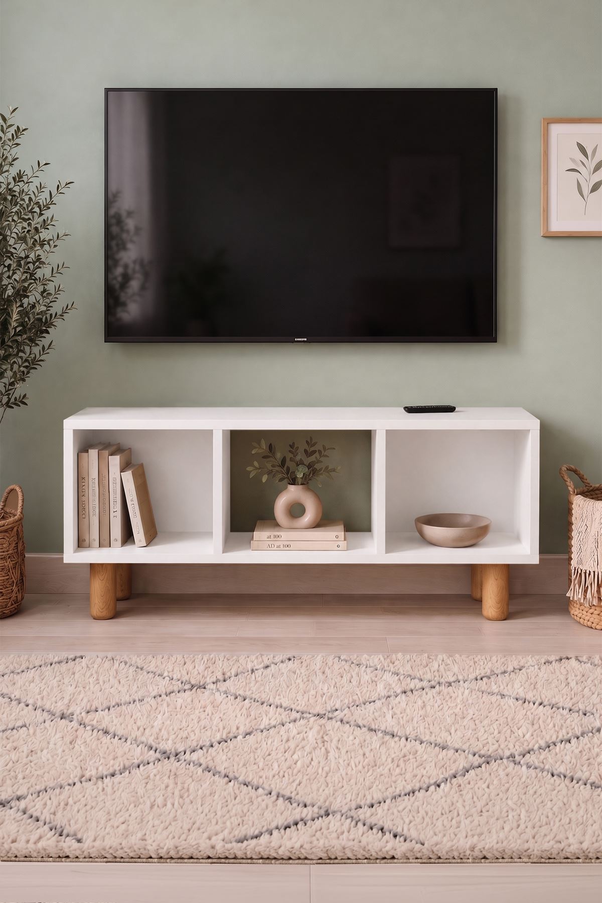 Bofigo Tv Sehpası 3 Raflı TV Ünitesi Televizyon Sehpası Küba Beyaz
