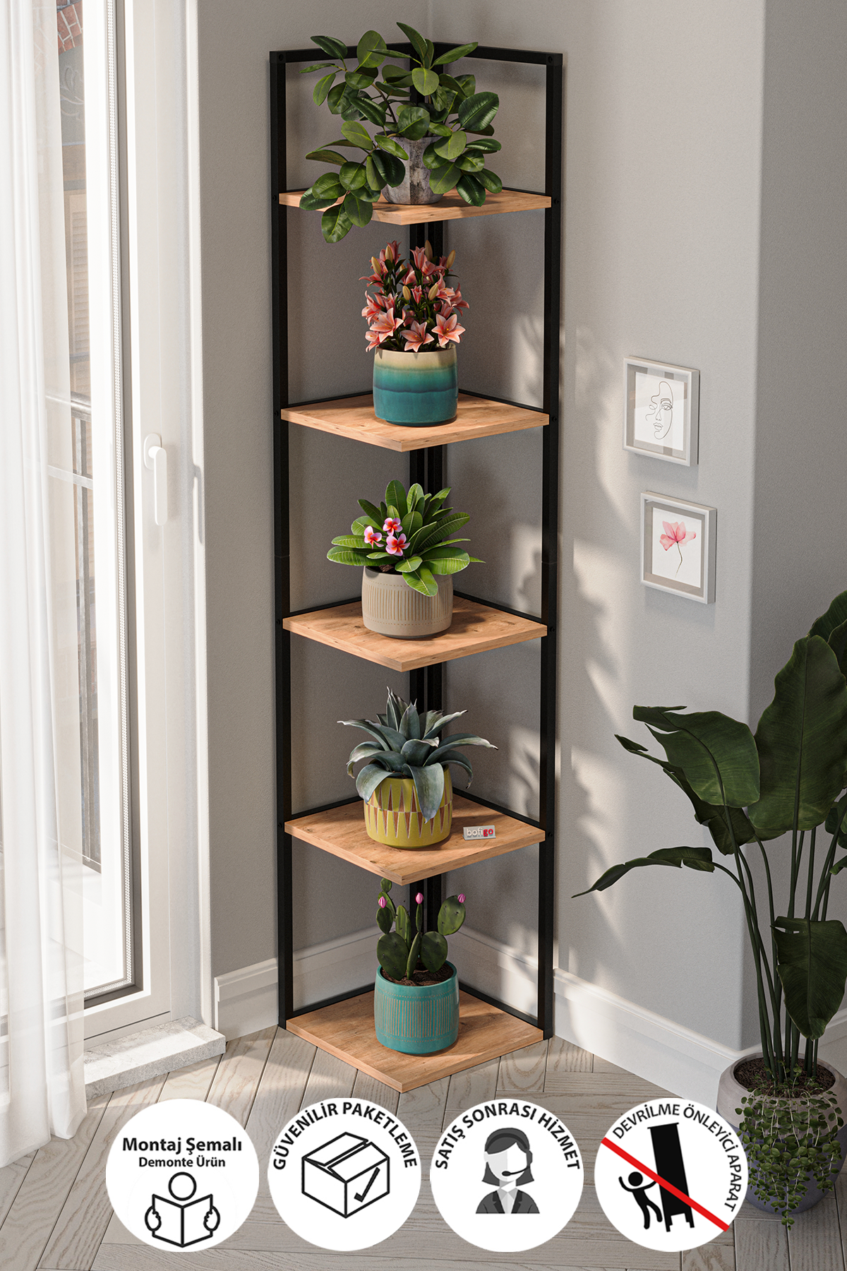 Bofigo 5 Raflı Metal Köşe Çiçeklik Saksı Standı Dekoratif Aksesuar Rafı Saksılık Selanik 180 cm Çam