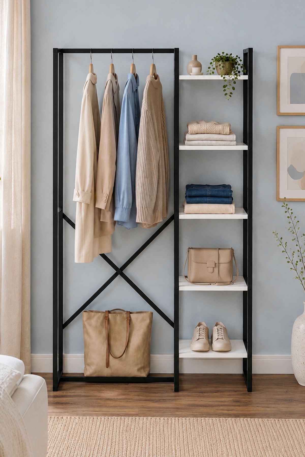 26-06-01 Loftix Open Hall Tree / Freestanding Entryway Coat Rack with Shelves (White)