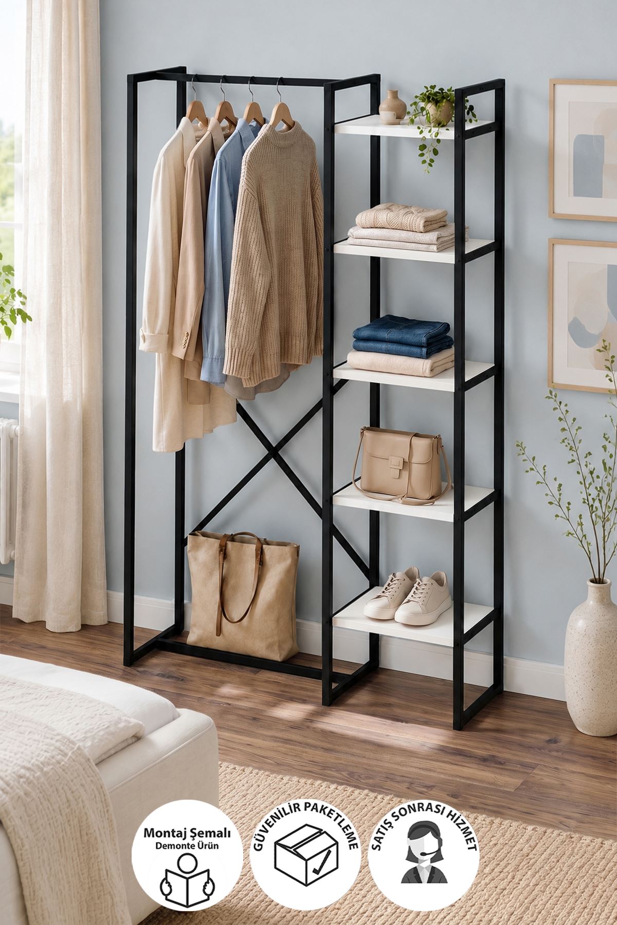 Bofigo 5 Raflı Metal Gardırop Metal Portmanto Açık Gardırop Elbise Dolabı Vestiyer Loftix Beyaz