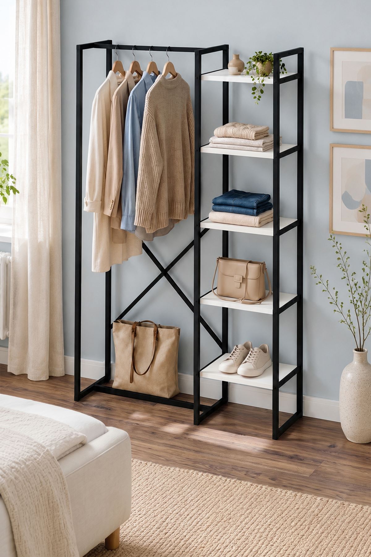Bofigo 5 Raflı Metal Gardırop Metal Portmanto Açık Gardırop Elbise Dolabı Vestiyer Loftix Beyaz