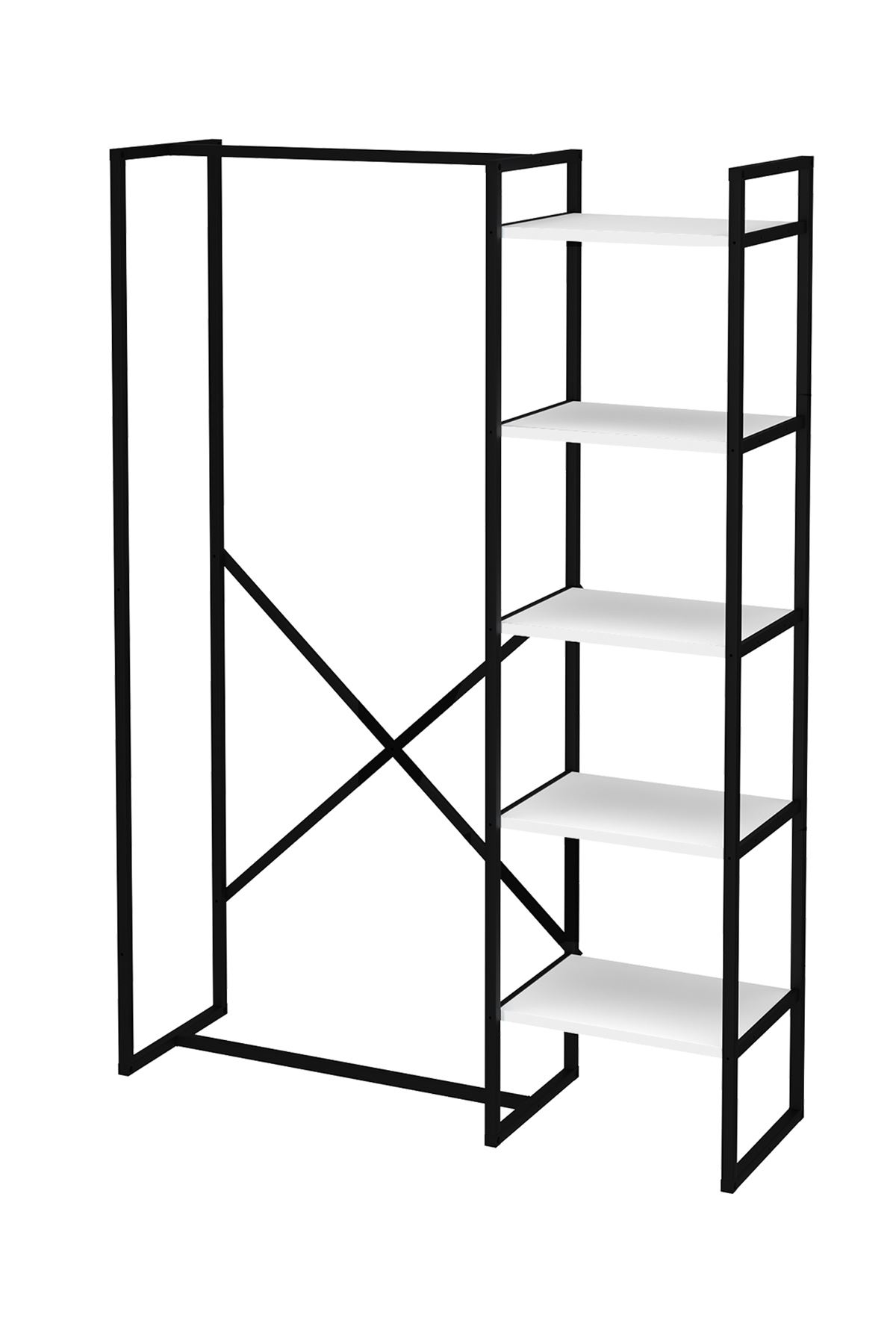 Bofigo 5 Raflı Metal Gardırop Metal Portmanto Açık Gardırop Elbise Dolabı Vestiyer Loftix Beyaz