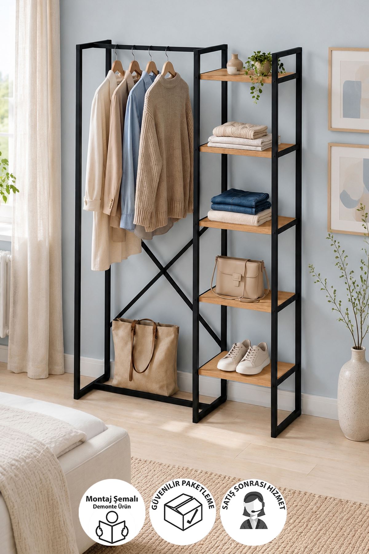 Bofigo 5 Raflı Metal Gardırop Metal Portmanto Açık Gardırop Elbise Dolabı Vestiyer Loftix Çam