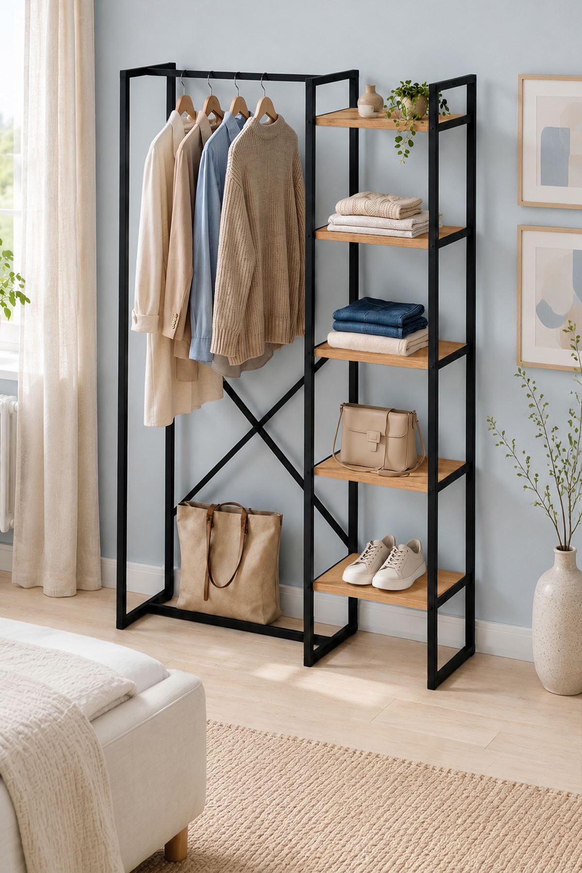 Bofigo 5 Raflı Metal Gardırop Metal Portmanto Açık Gardırop Elbise Dolabı Vestiyer Loftix Çam