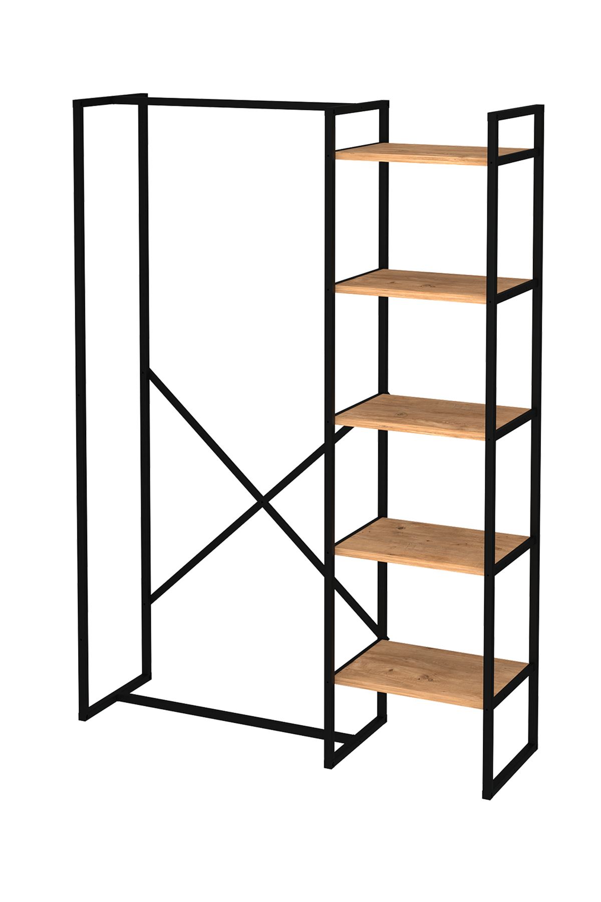 Bofigo 5 Raflı Metal Gardırop Metal Portmanto Açık Gardırop Elbise Dolabı Vestiyer Loftix Çam