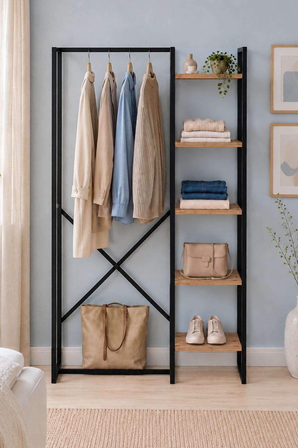 26-06-02 Loftix Open Hall Tree / Freestanding Entryway Coat Rack with Shelves (Pine)