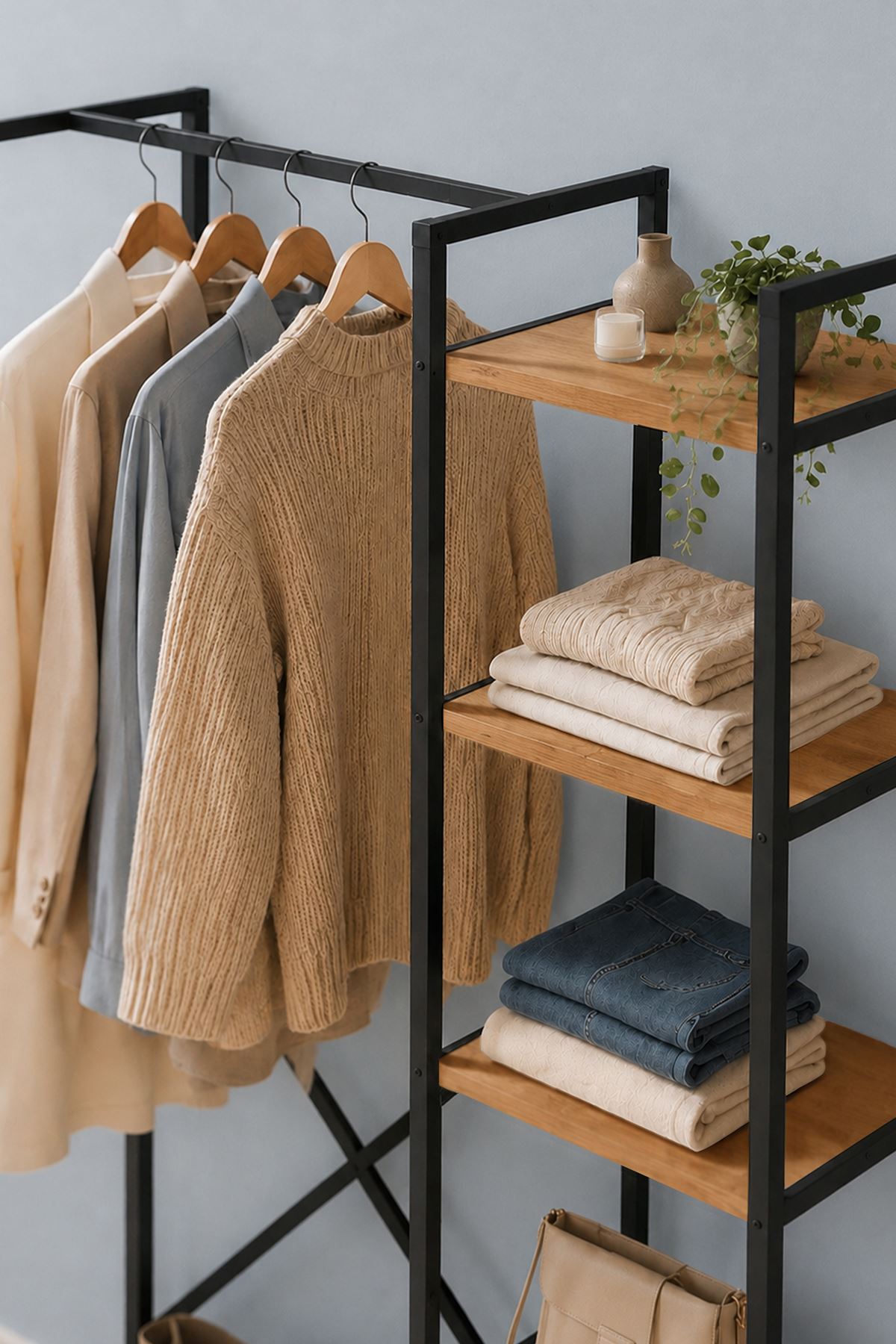 26-06-02 Loftix Open Hall Tree / Freestanding Entryway Coat Rack with Shelves (Pine)