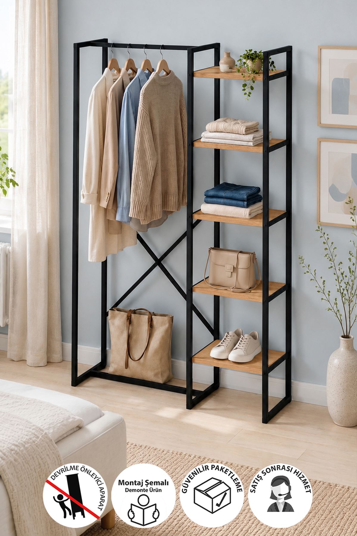 26-06-02 Loftix Open Hall Tree / Freestanding Entryway Coat Rack with Shelves (Pine)