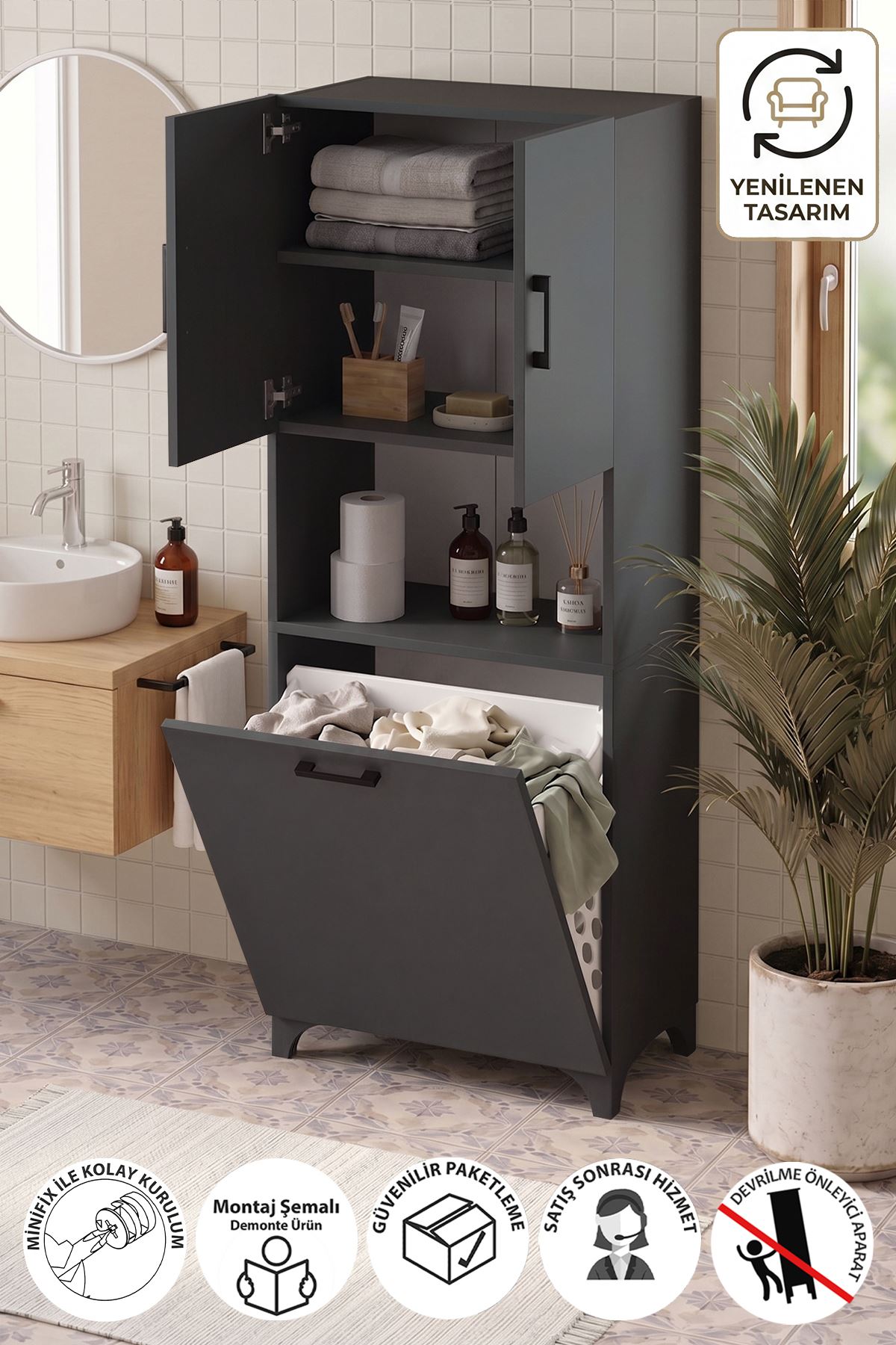 Bofigo Çok Amaçlı Dolap Banyo Dolabı Kirli Çamaşır Sepeti Dolabı Damla Antrasit