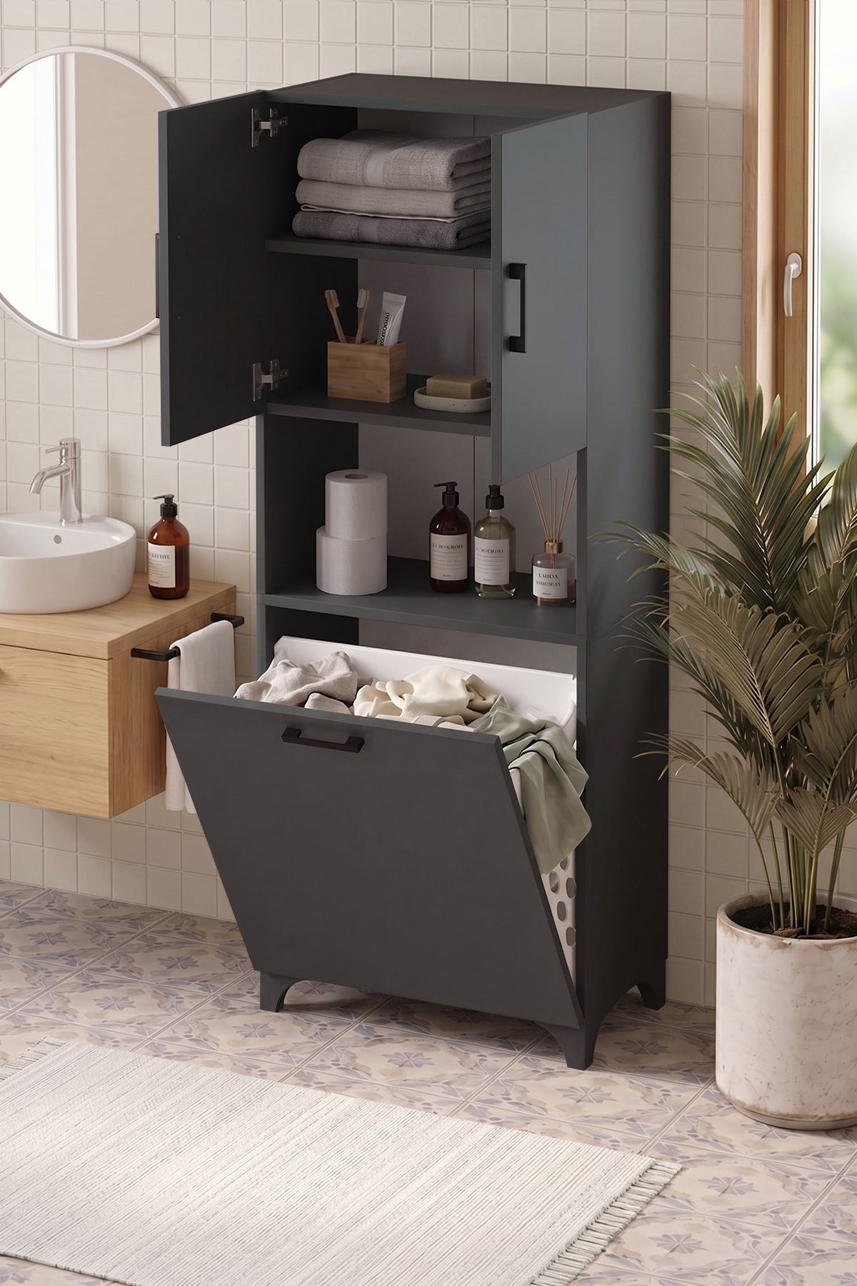 Bofigo Çok Amaçlı Dolap Banyo Dolabı Kirli Çamaşır Sepeti Dolabı Damla Antrasit