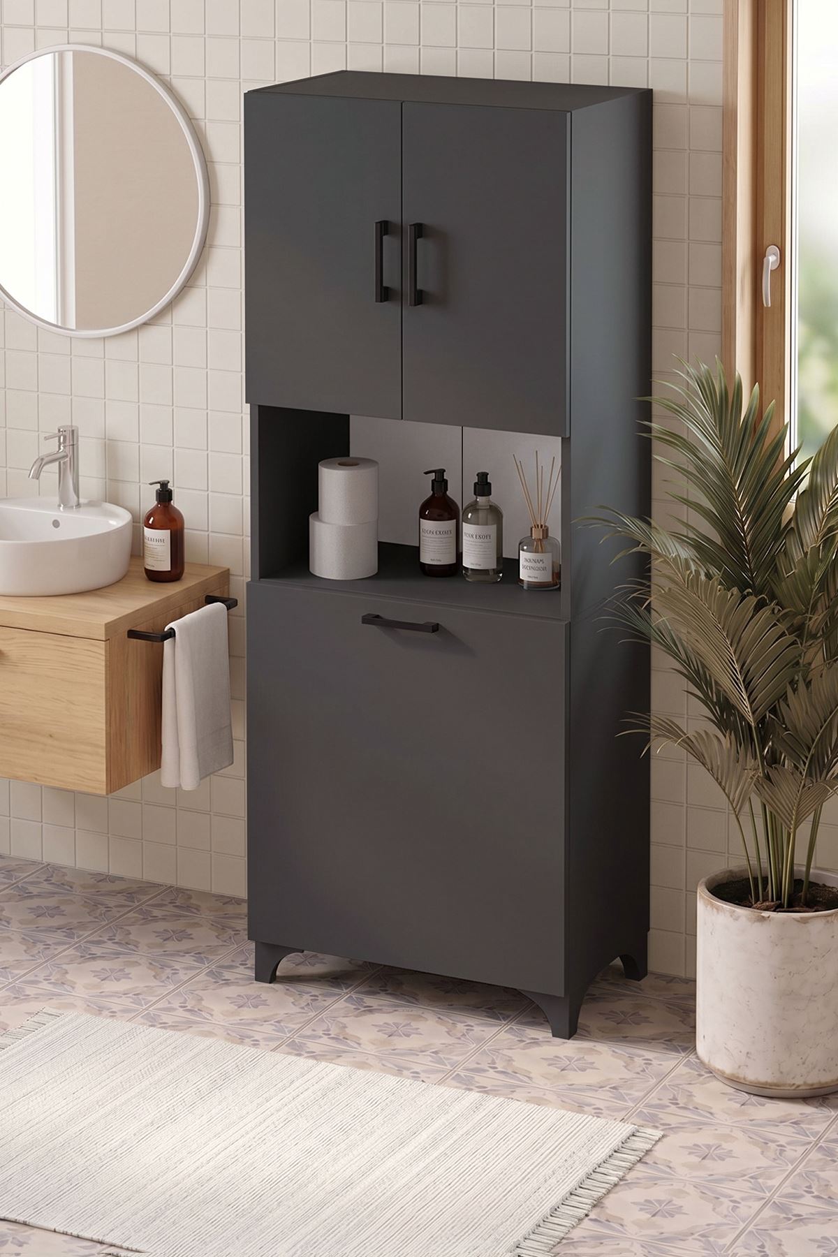 Bofigo Çok Amaçlı Dolap Banyo Dolabı Kirli Çamaşır Sepeti Dolabı Damla Antrasit