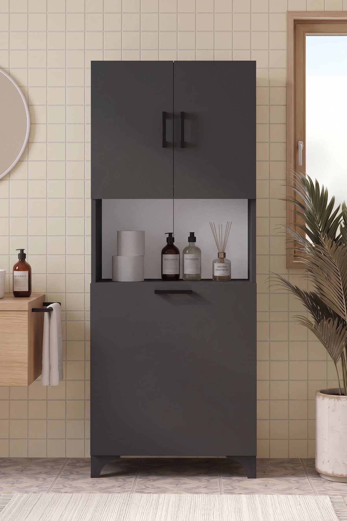 Bofigo Çok Amaçlı Dolap Banyo Dolabı Kirli Çamaşır Sepeti Dolabı Damla Antrasit