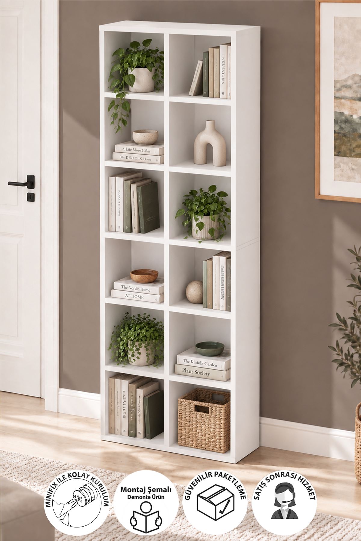 Bofigo 12 Raflı Kitaplık Dekoratif Kitaplık Modern Kitaplık Ofis Kitaplığı Meltem Beyaz