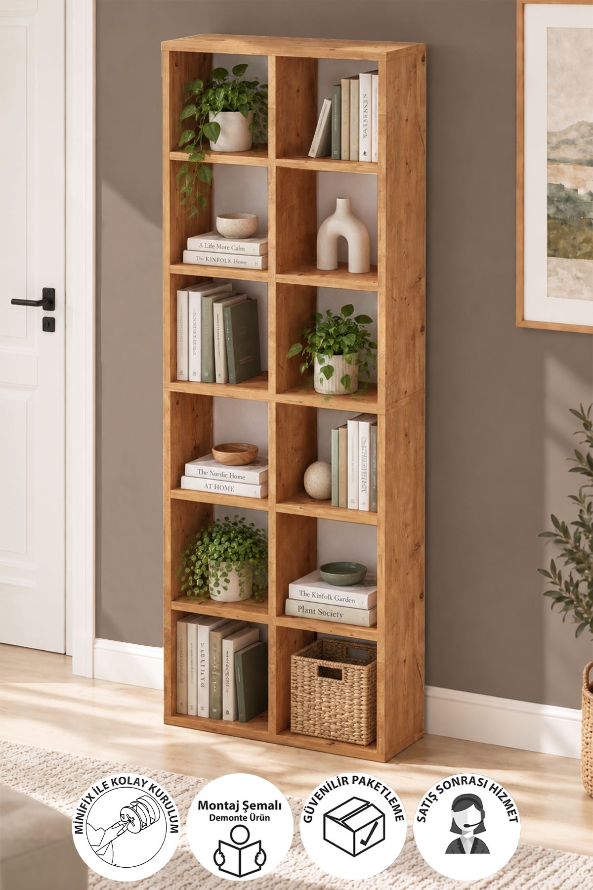 Bofigo 12 Raflı Kitaplık Dekoratif Kitaplık Modern Kitaplık Ofis Kitaplığı Meltem Çam