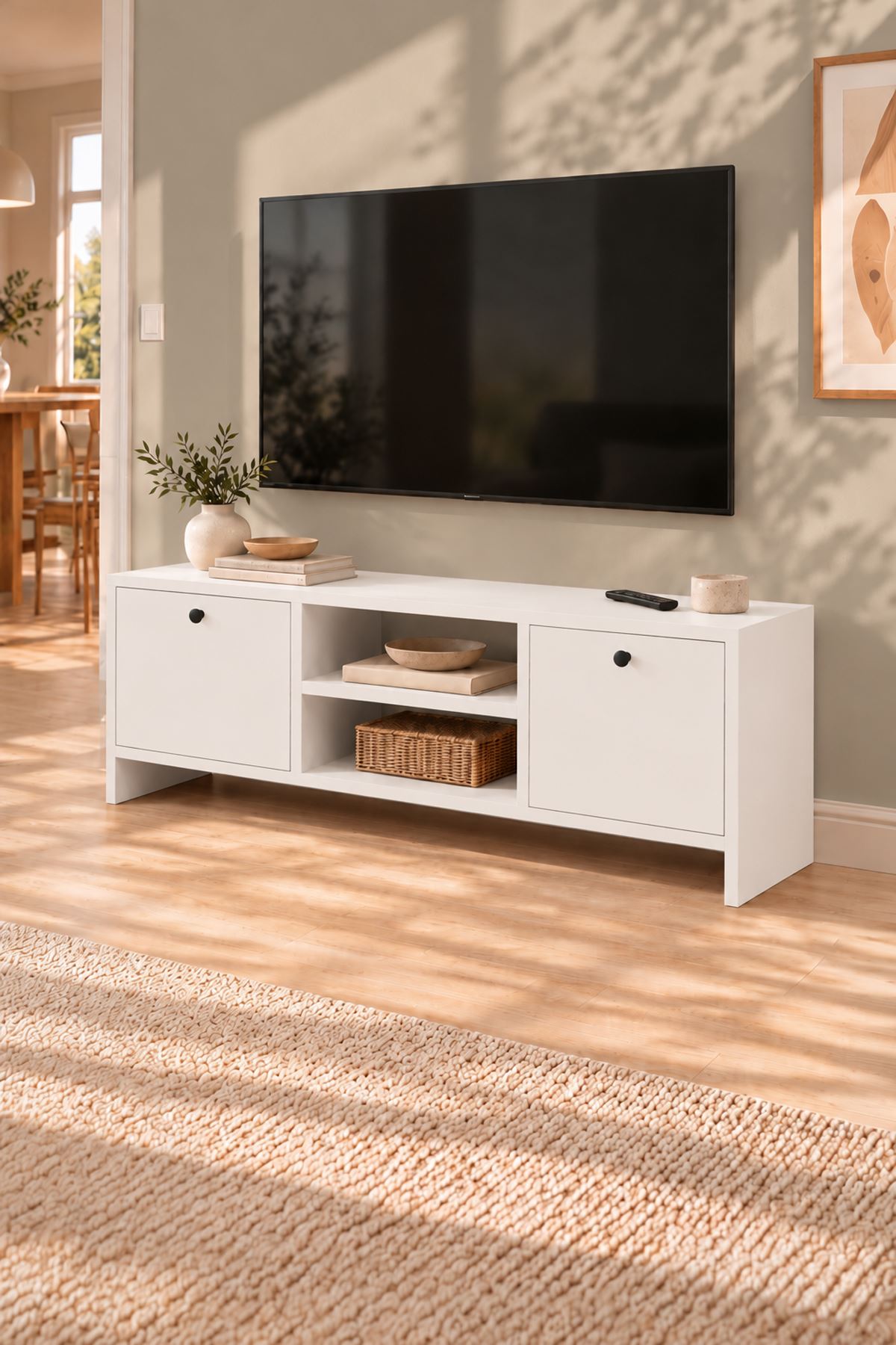 Bofigo TV Ünitesi 120 Cm TV Sehpası Düşer Kapaklı Tv Ünitesi Televizyon Sehpası Britanya Beyaz