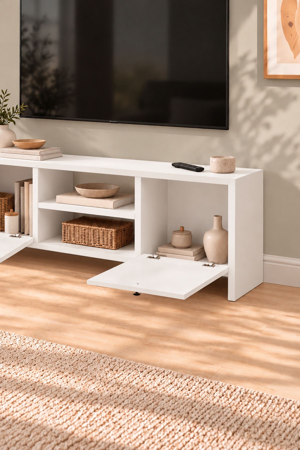 Bofigo TV Ünitesi 120 Cm TV Sehpası Düşer Kapaklı Tv Ünitesi Televizyon Sehpası Britanya Beyaz