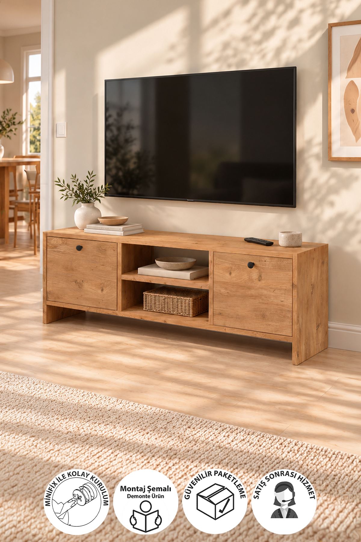 Bofigo TV Ünitesi 120 Cm TV Sehpası Düşer Kapaklı Tv Ünitesi Televizyon Sehpası Britanya Çam