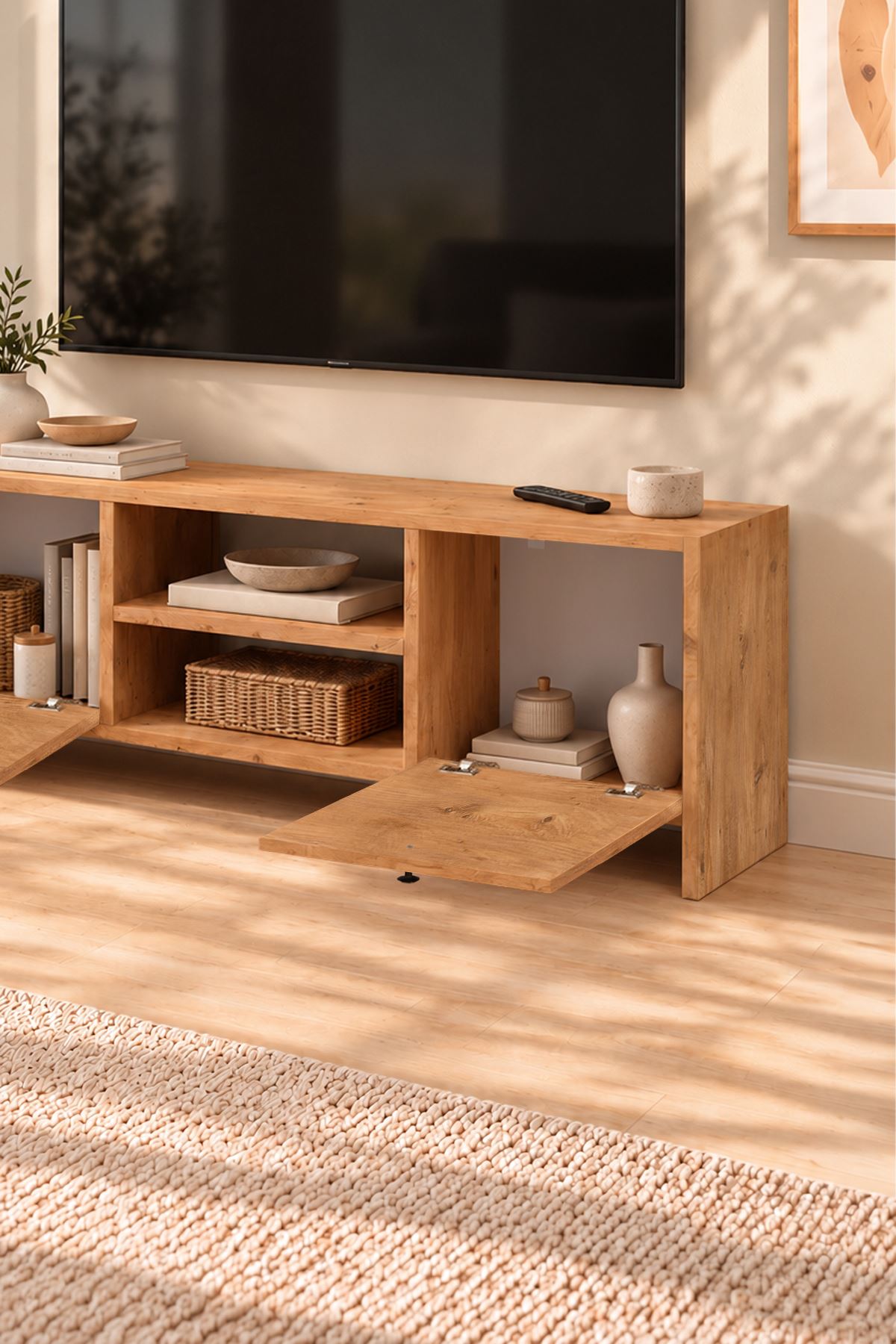 Bofigo TV Ünitesi 120 Cm TV Sehpası Düşer Kapaklı Tv Ünitesi Televizyon Sehpası Britanya Çam