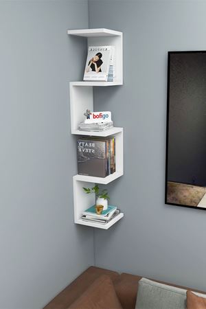 Bofigo Zikzak Kitaplık Köşe Kitaplık Duvar Rafı Dekoratif Raf Beyaz