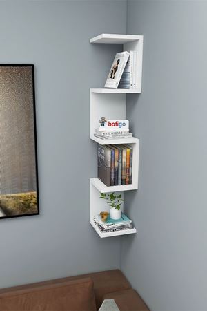 Bofigo Zikzak Kitaplık Köşe Kitaplık Duvar Rafı Dekoratif Raf Beyaz