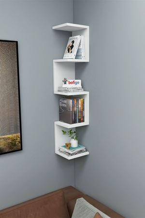 Bofigo Zikzak Kitaplık Köşe Kitaplık Duvar Rafı Dekoratif Raf Beyaz