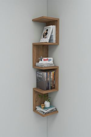 Bofigo Zikzak Kitaplık Köşe Kitaplık Duvar Rafı Dekoratif Raf Çam