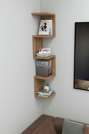 Bofigo Zikzak Kitaplık Köşe Kitaplık Duvar Rafı Dekoratif Raf Çam