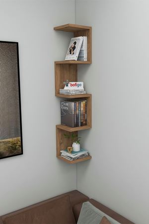 Bofigo Zikzak Kitaplık Köşe Kitaplık Duvar Rafı Dekoratif Raf Çam