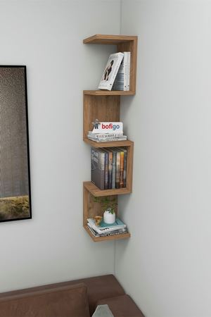 Bofigo Zikzak Kitaplık Köşe Kitaplık Duvar Rafı Dekoratif Raf Çam