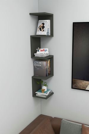 Bofigo Zikzak Kitaplık Köşe Kitaplık Duvar Rafı Dekoratif Raf Antrasit